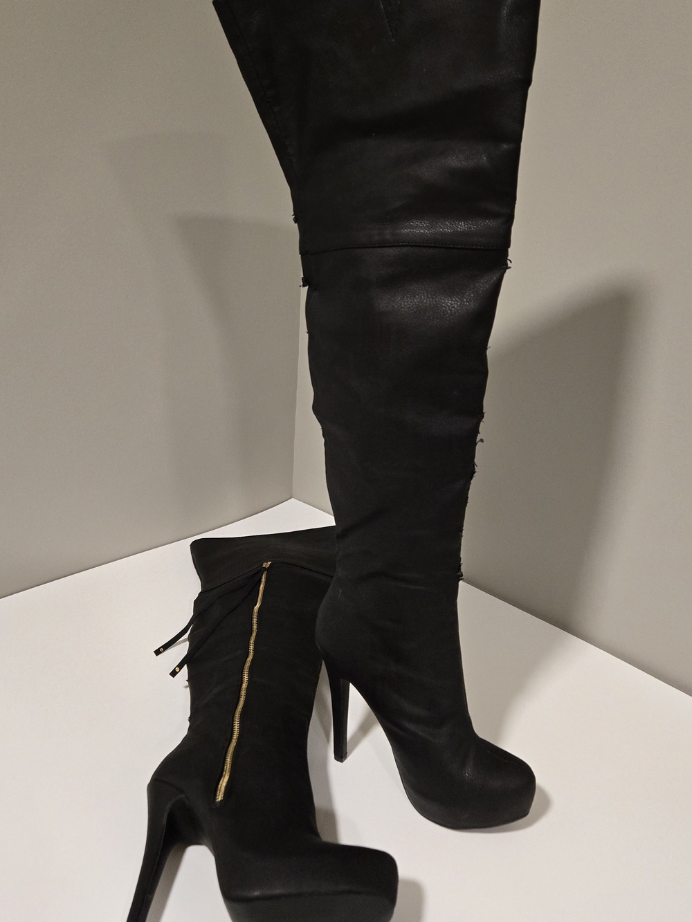 Ballantine Black Over-the-Knee Platform Stiletto Boots with Gold Zip - Picture 2 of 16